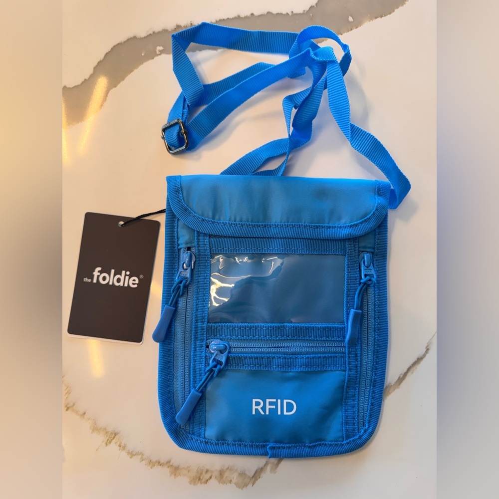 NWT The Foldie Travel Document Holder RFID Azur Blue Crossbody